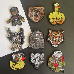 Funny Patches with Hook and Loop,Tactical Animals Badges Bear,Shark,Tiger,Wolf,Duck Applique Embroidery Clothes Stickers