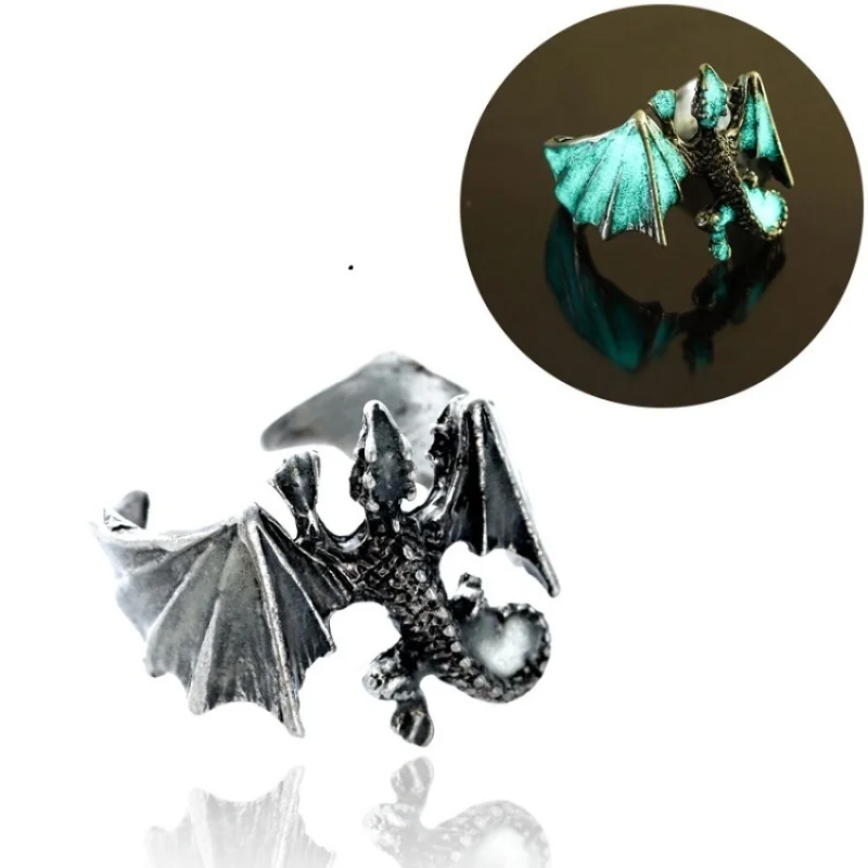 Fashion Ring Dragon Luminous Rings Glow In Dark Pterosaur Rings Finger Ringe  Bronze Silver color Adjustable Men Hand Jewelry