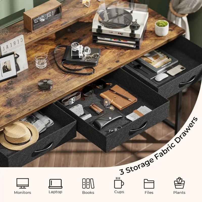 47 inch Computer Desk with LED Lights & Power Outlets, Gaming Desk Home Office Desk with Storage Drawers