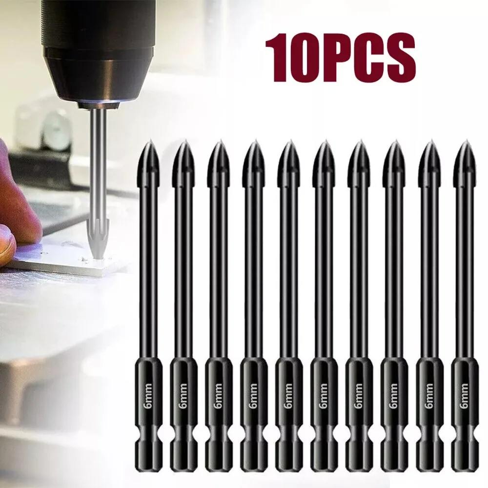 Cross Tungsten Carbide Drill Bit Set Hex Shank 77mm Total Length 6mm 10Pcs for Household Drilling Marble Glass Ceramic Tile
