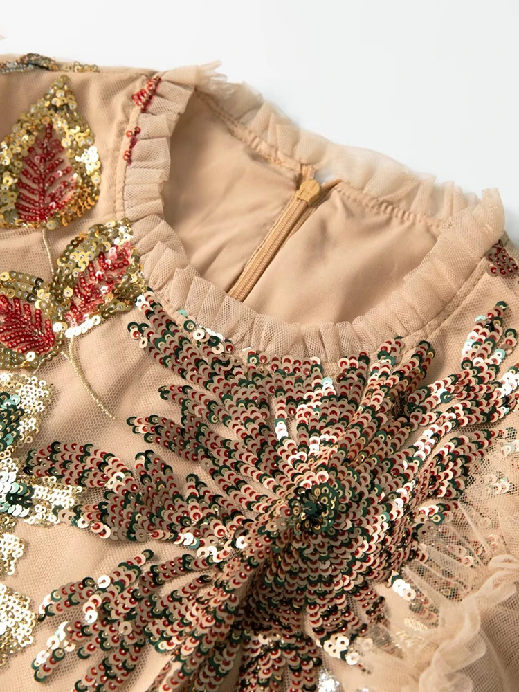 DSFACAIRIJ femmes paillettes fleur broderie Maxi robe col rond lanterne manches volants élégant robe de bal maille automne femme