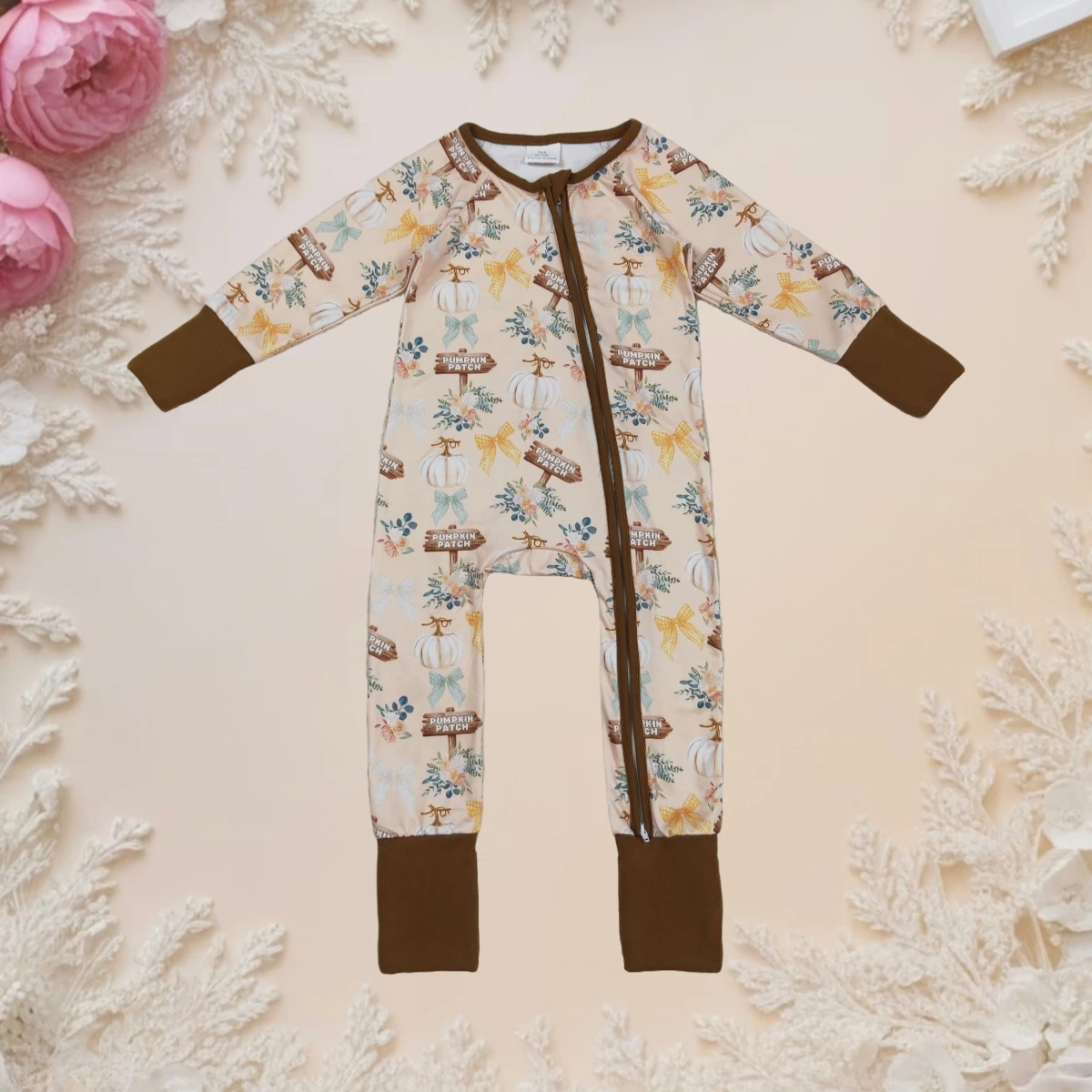

Baby Boy Fall Sleeper Pajamas Soft Cotton Zipper Up Romper Long Sleeve Pumpkin Bows Print Sleepwear Outfit for Toddler Kids