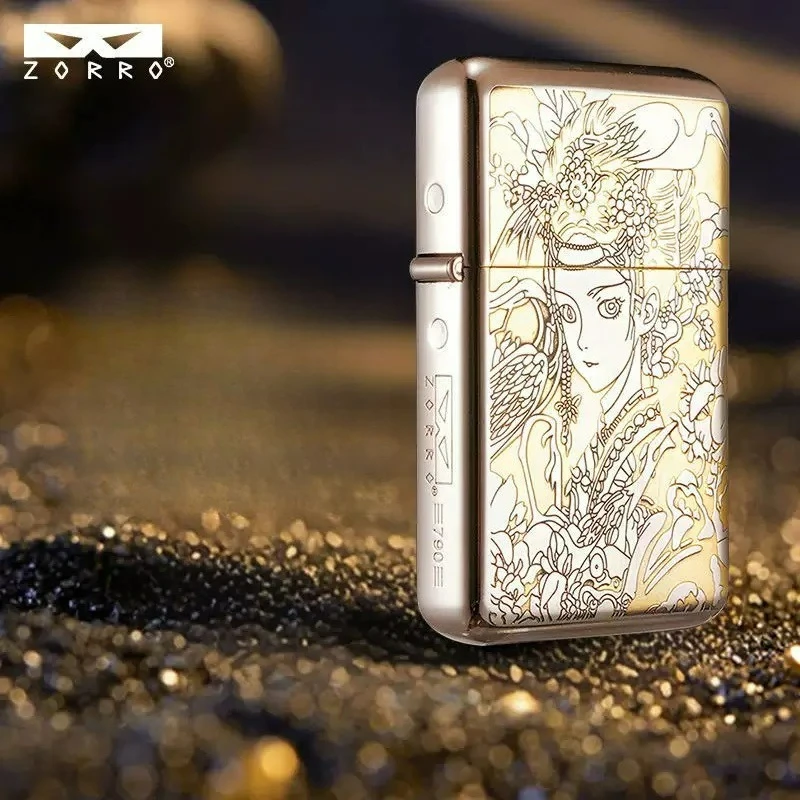ZORRO Ultra Thin Brass Double Sided Carved Kerosine Lighter Integrated Sealed Inner Container Collection Fuel Oil Lighters Gifts