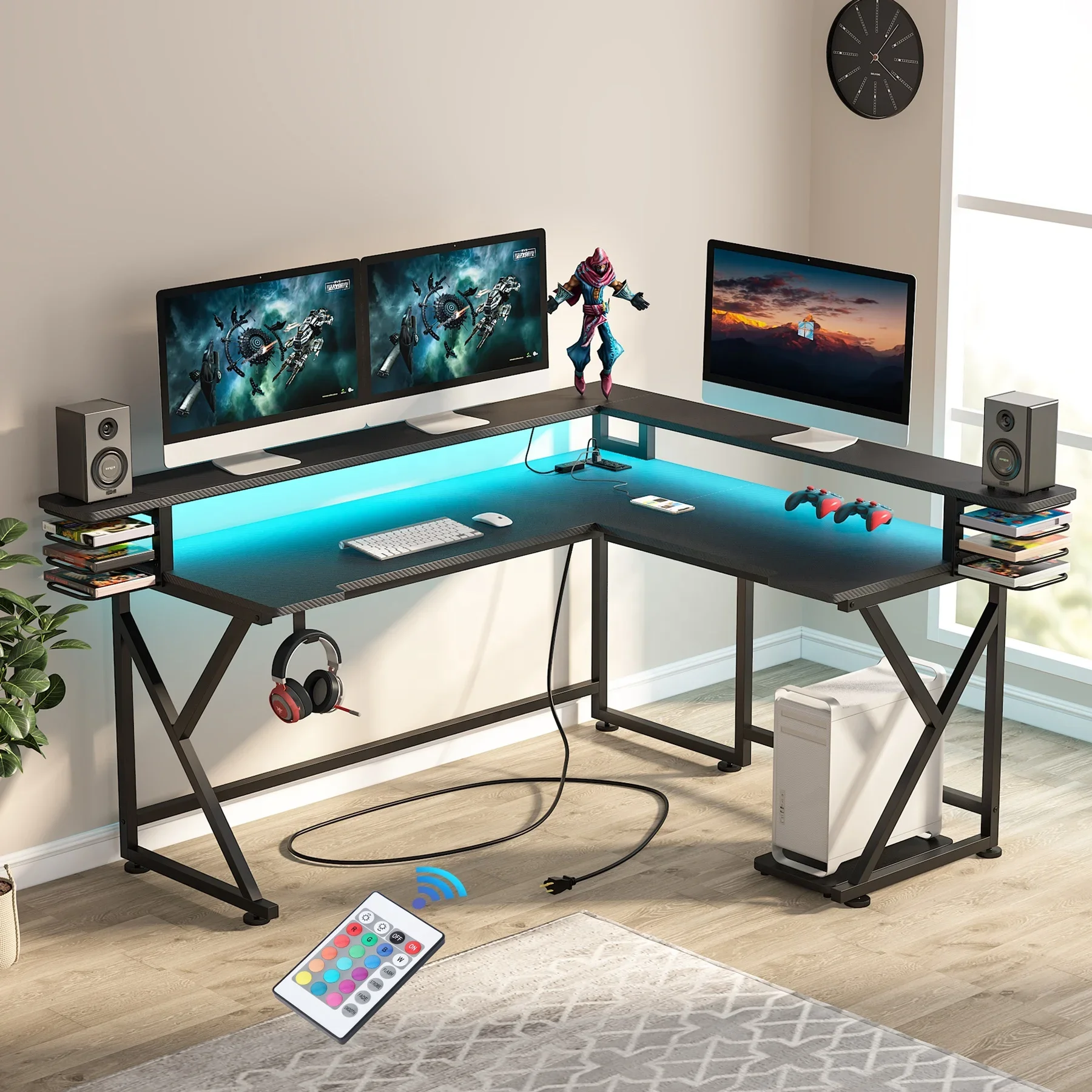 Flippable large black L-shaped gaming table corner computer desk, monitor stand with home study writing workstation