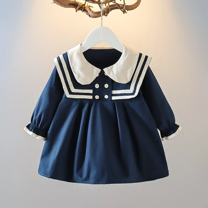 Spring Summer Girls Dress British Style Navy Collar Little Cute Long-Sleeved Student School Dress Baby Kids Children's Clothing