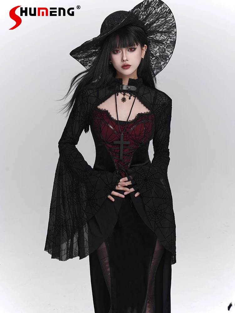 Estilo gótico sexy conjunto de roupa de halloween preto manga longa colete sem mangas rendas fino ajuste bodycon split cinta vestido feminino