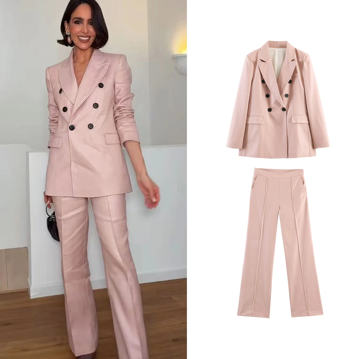 Women Pink Long Pant Set Or Spring Female Elegant Double Breasted Long-Sleeve Blazers Or Lady Commute Casual Straight-Leg Pants