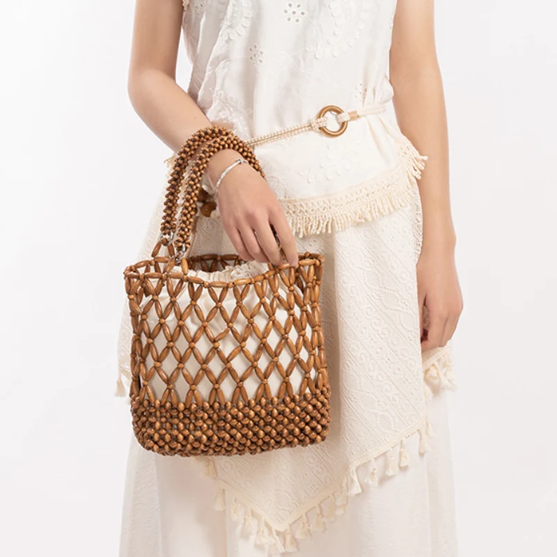 

New Handwoven Women Handbag Design Hollow Out Women Bag Fashion Contrasting Color Bucket Bag Shoulder Bag
