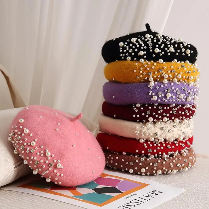 New Wool Pearl Beads Autumn Winter Beret Cap For Women Fashion Painter's Hat Outdoor Solid Color Warm Party Gift Boina Hats