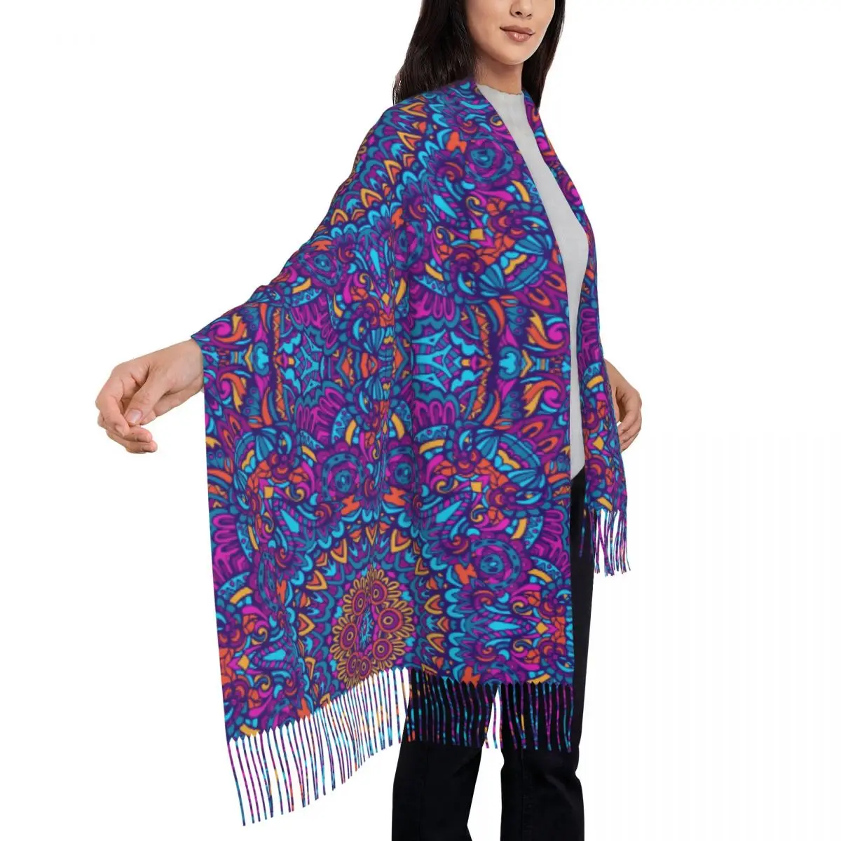 Lenço de mandala étnica unissex, Lenços com estampa vintage com borla longa, Envoltórios de xale populares, Foulard gráfico quente, outono