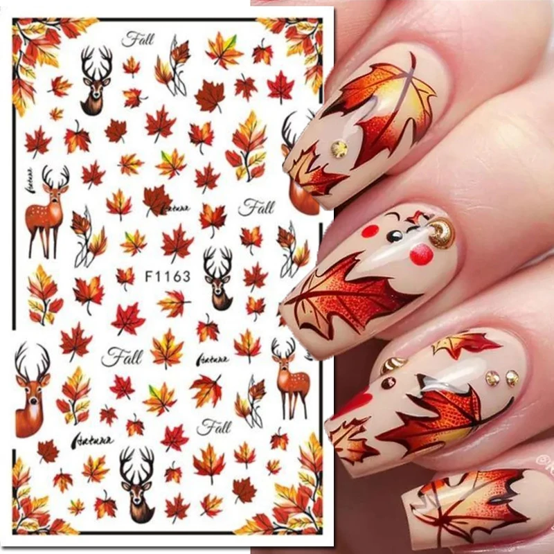 

3d Nail Art Stickers Autumn Winter Golden Maples Leaves Deers Nail Decals Decoration Manicure