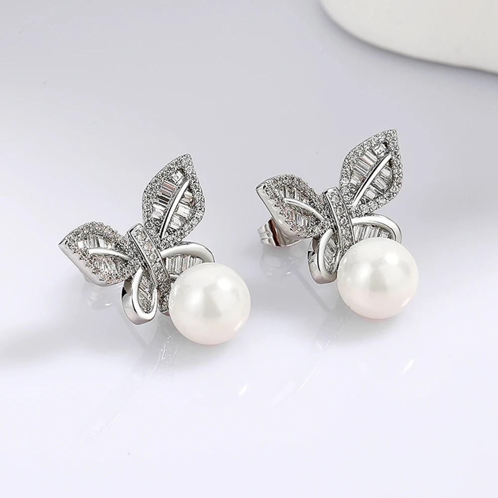 Trendy New Dreamcarnival1989  Butterfly Pearl Drop Earrings  For Women Clear White Zircon Anniversary Engagement Jewelry WE4205