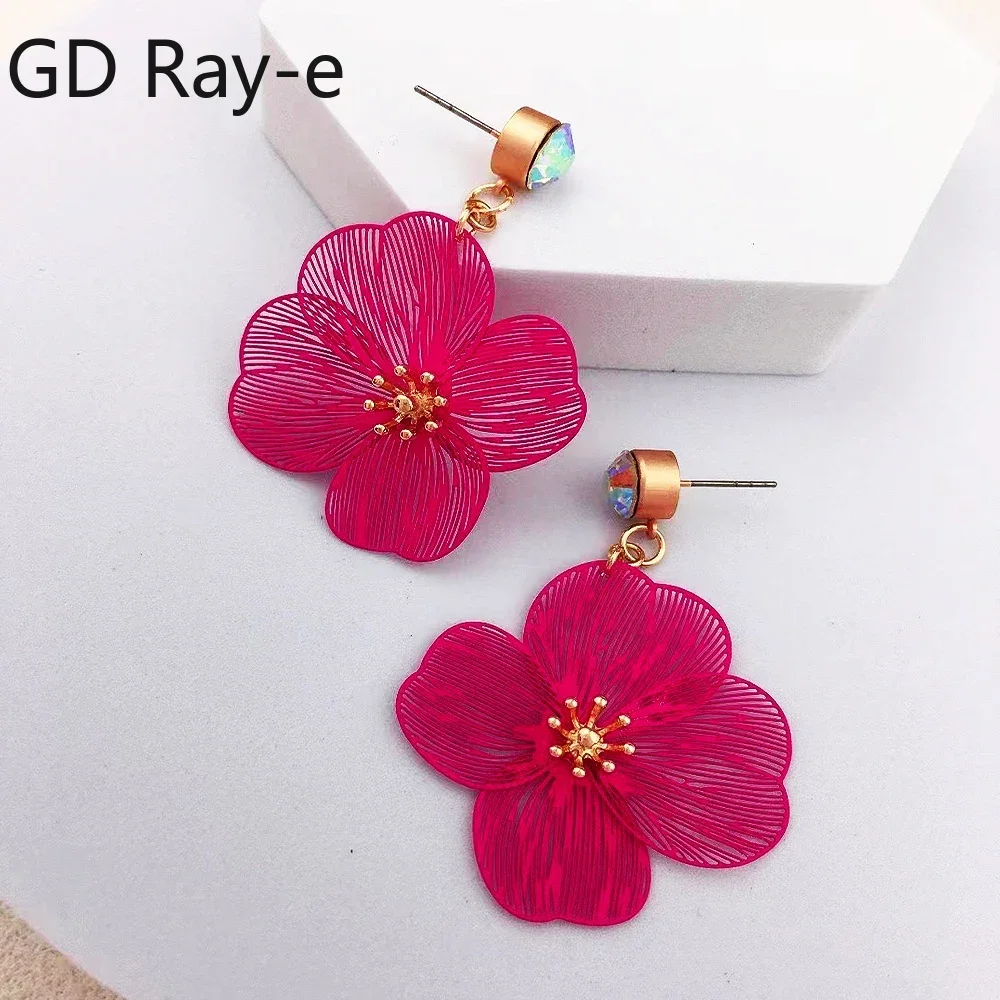 

Fashion Iron Alloy Petals Flower Rose Red Dangle Earrings for Women Gemstone Fuchsia Enamel Flower Earrings Brincos Jewelry