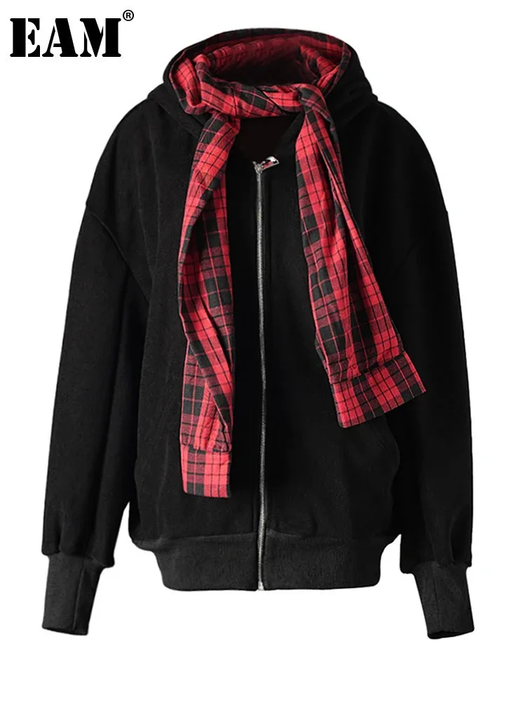 [EAM] Black Plaid Thick Warm Big Size Casual Jacket New Hooded Long Sleeve Women Coat Fashion Tide Autumn Winter 2025 CPG2521