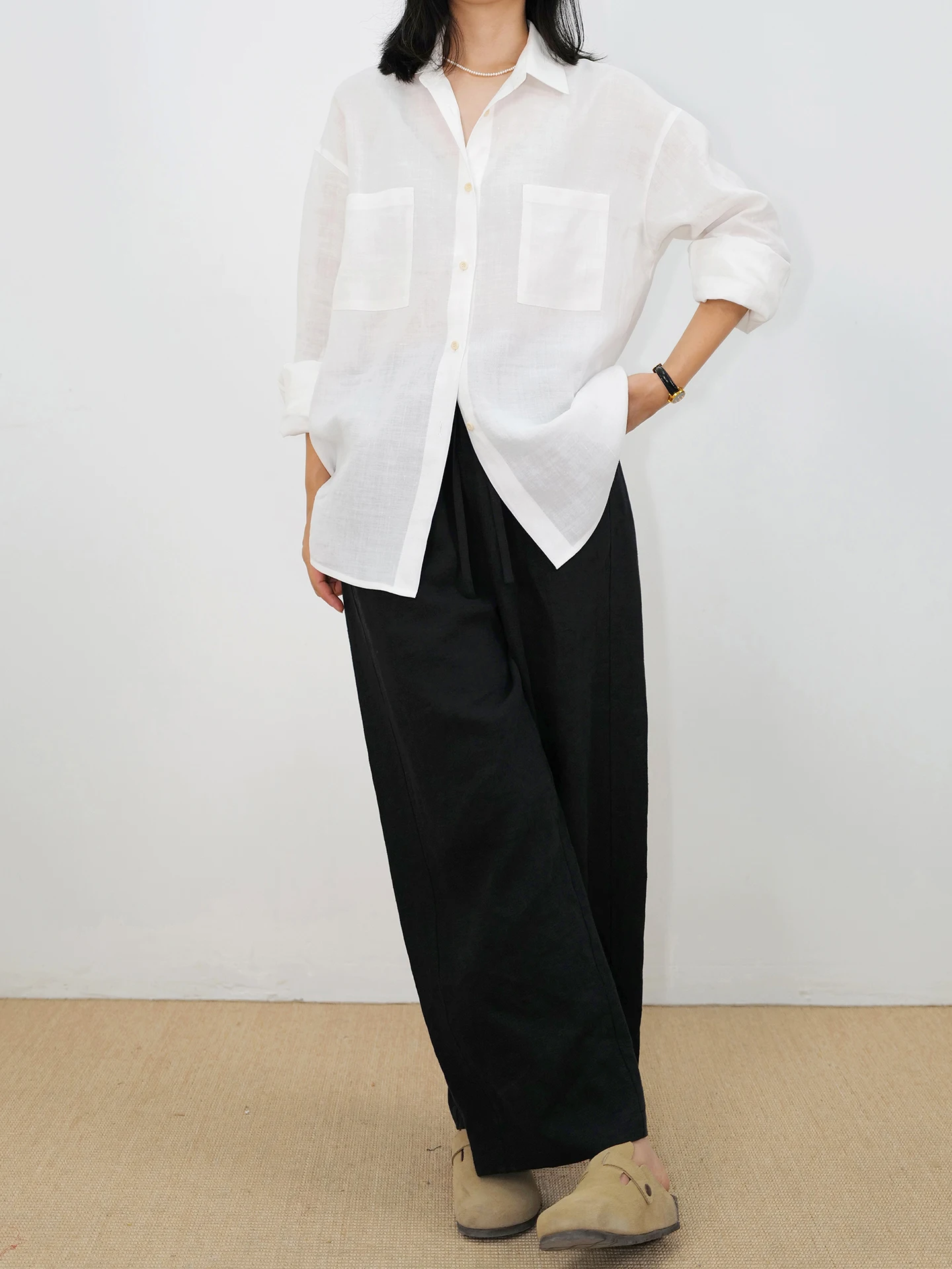 

Белая льняная рубашка с длинным рукавом, комфортная, влагоотводящая, простой дизайн, для повседневной носки, женская, свободного кроя, лето 2026