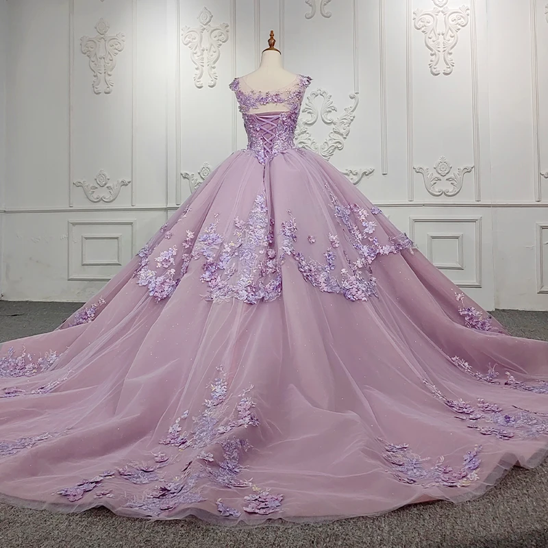 Princess Purple Quinceanera Dress Tank Beading Organza Chapel Tranin Ball Gown With Flowers Avondjurken