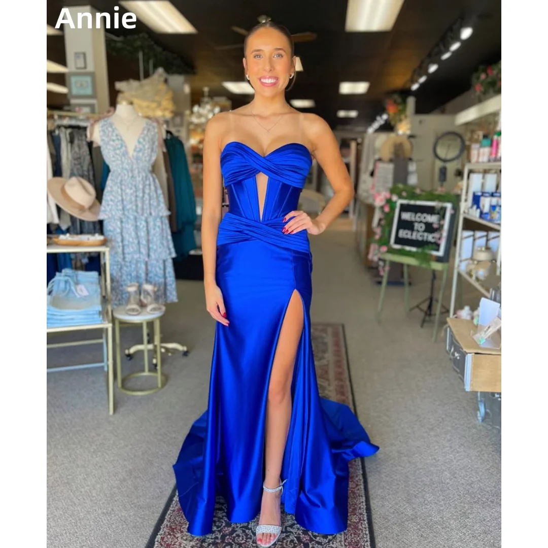 Annie-Vestidos De Fiesta con recortes De cintura plisada, Vestidos De Noche De satén azul, sirena con hombros descubiertos, abertura lateral, personalizados