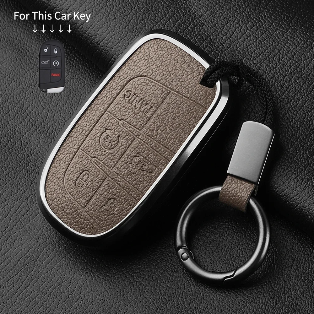 Metal And Leather Car Key Case Cover For Dodge Challenger Hellcat SRT Remote Control Protector For DODGE SRT Car Key Accessories