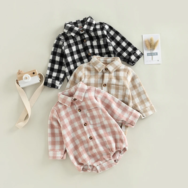 Baby Boy Girl Flannel Plaid Shirt Romper Long Sleeve Lapel Button Down Bodysuit Oversized Tops Fall Winter Clothes