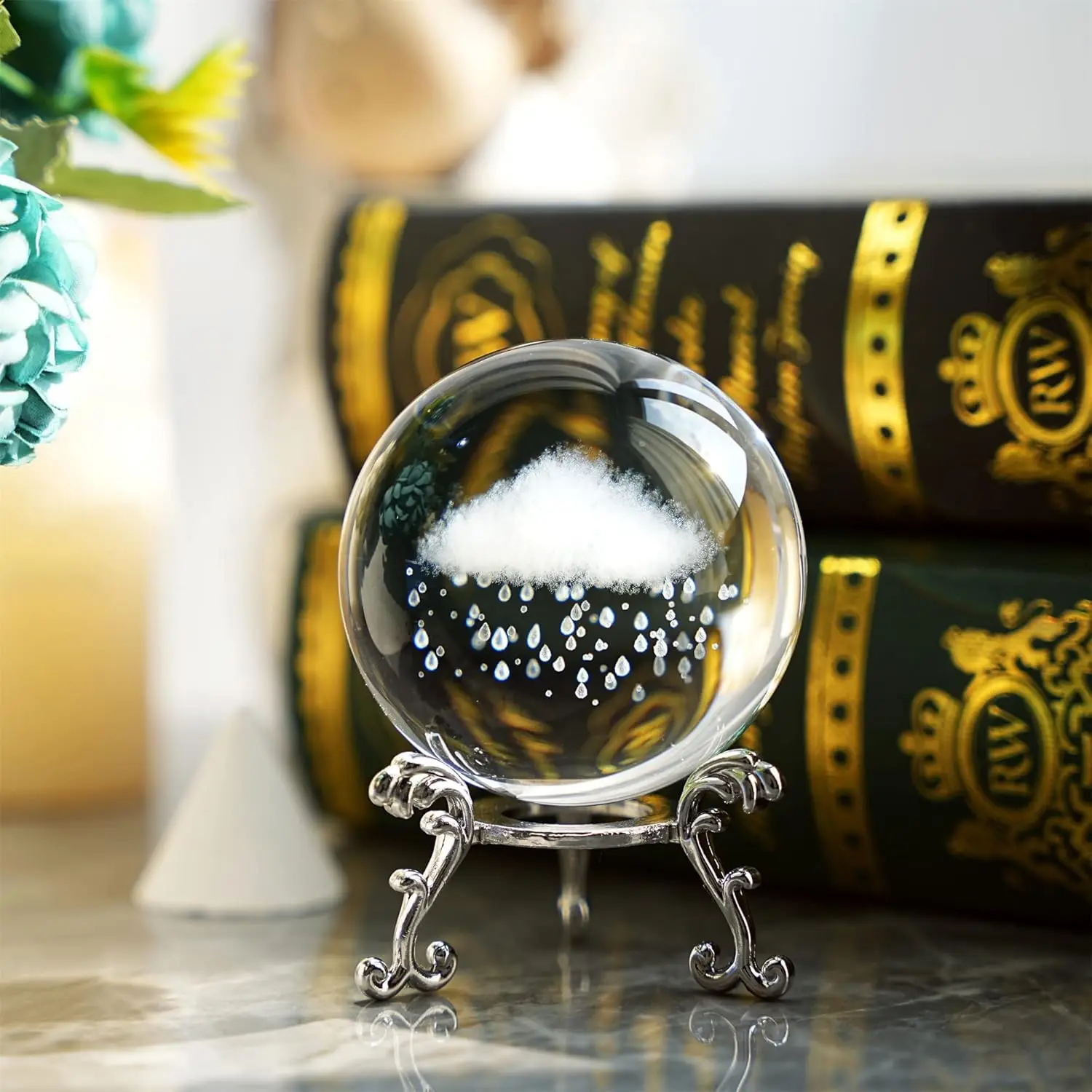 

6cm 3D Rain Cloud Crystal Ball with Silver Metal Base Feng Shui Decorative Ball Weather Statue Home Decor Accessory Gifts