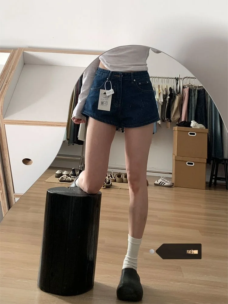 

Retro High Waist Wide Leg Jeans ort Pants Women's Summer Loose A-Line Denim orts Waed Blue Color Trendy Straight Cut