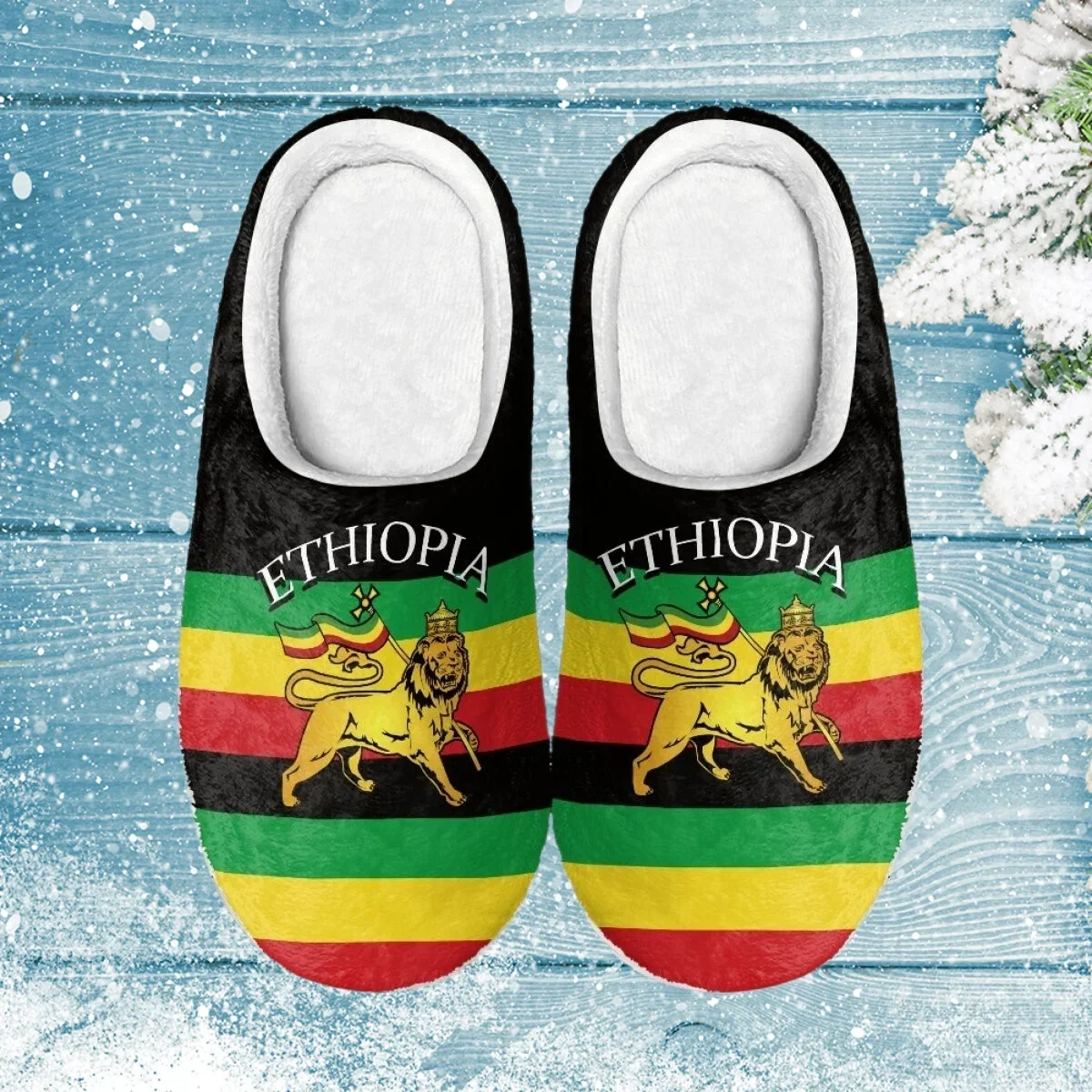 Winter Indoor Warm Thickened Slippers Winter Closed Toe Cotton Slippers Ethiopian Flag Design Non-Slip Slides 2023