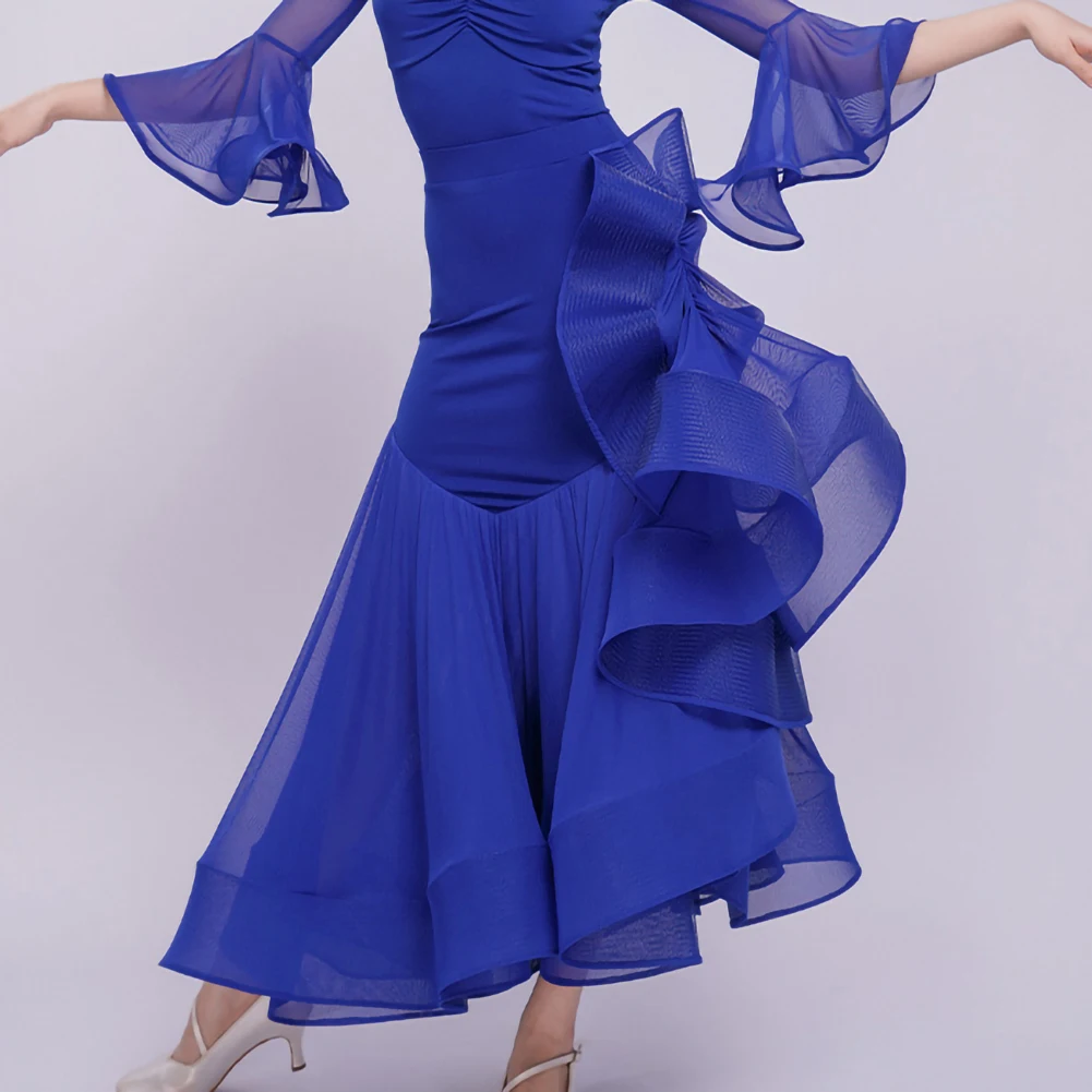 

Женская юбка для вальса, высококачественная бальные юбка-миди с эффектом «рыбья кость», синяя, для соревнований и тренировок