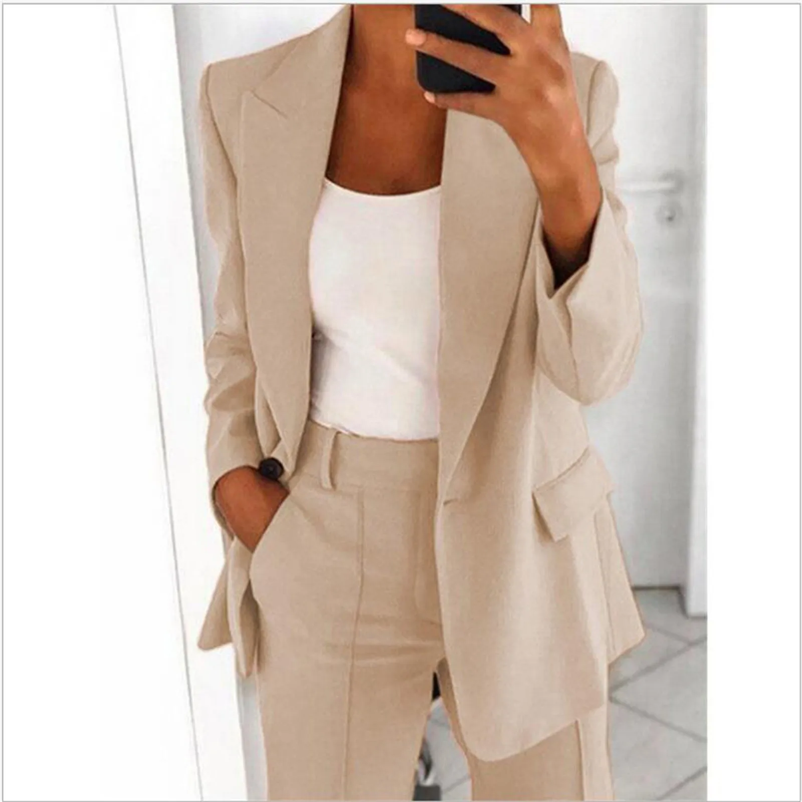 Women\'S Spring Autumn Office Elegant Jacket Women Suit Jacket Solid Color Turndown Collar Long Sleeve Buttons Blazer Outerwear