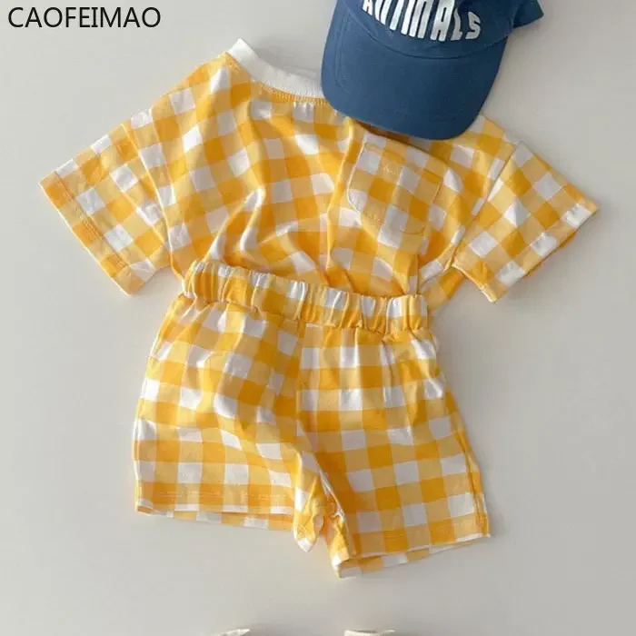 2025 Summer Baby Girls Clothes Set O-neck Tees Heart Print T-shirt + Plaid Shorts 2Pcs Korean Infant Suits Casual Toddler