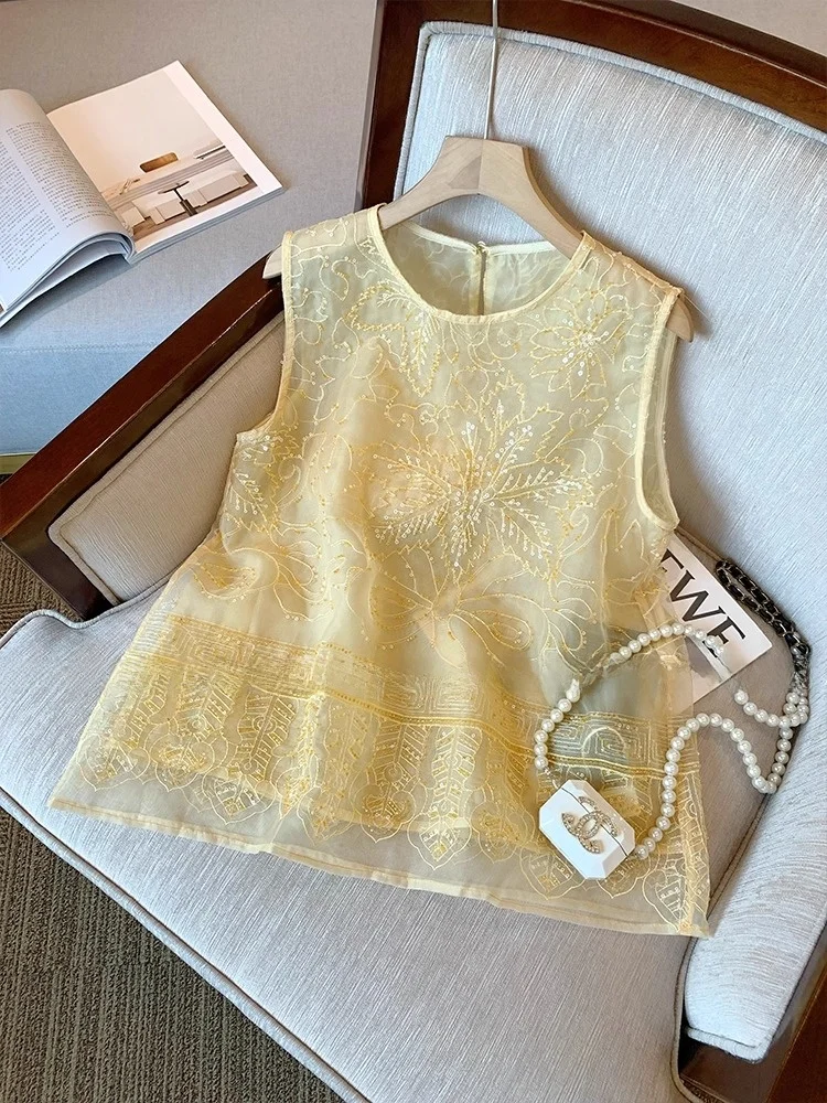 

Новая китайская женская вышитая жилетка из органзы, модная летняя модель 2025 года, свободного кроя, традиционный стиль...