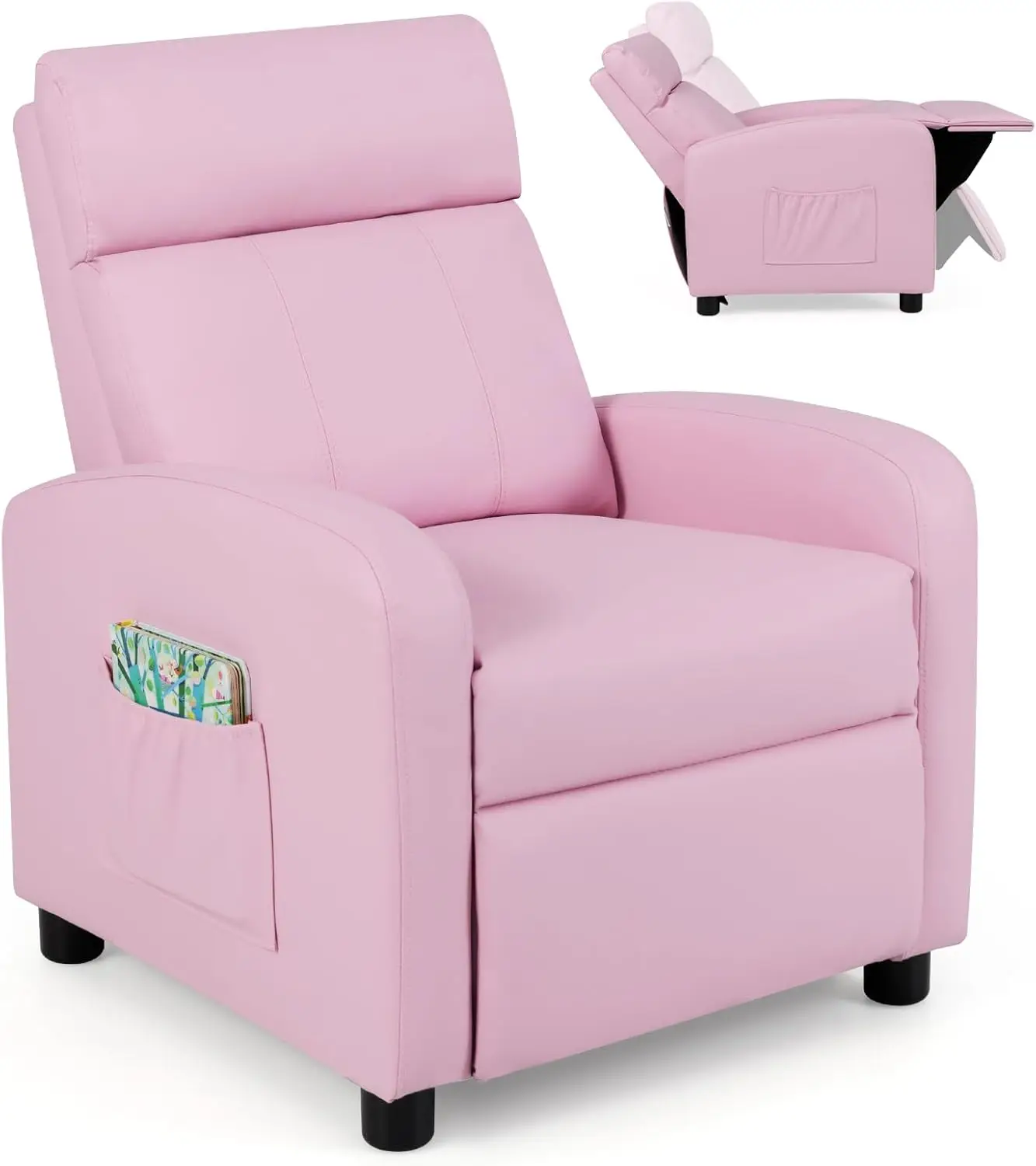 Adjustable Kids Recliner Chair with Footrest, Headrest, Side Pockets - Easy Clean Pink Sofa for Ages 3-12