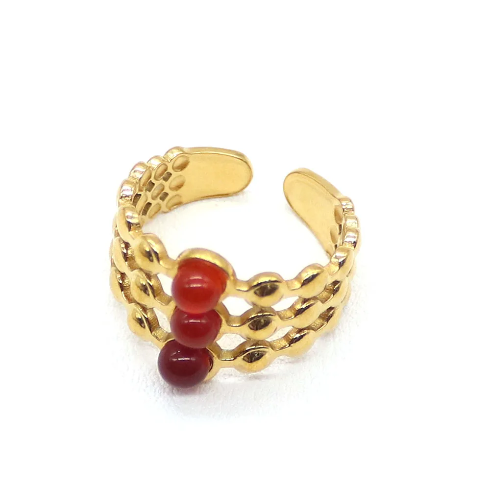 Three-Layer Gold-Plated Stainless Steel Natural Stone Ring Round Malachite Opal Inlay Adjustable Open Band Finger Jewelry 1 Pcs