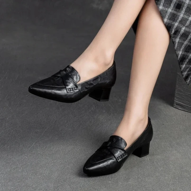 

Весна 2024, туфли-лодочки из овчины в британском стиле, модная удобная универсальная женская обувь с острым носком на толстом каблуке