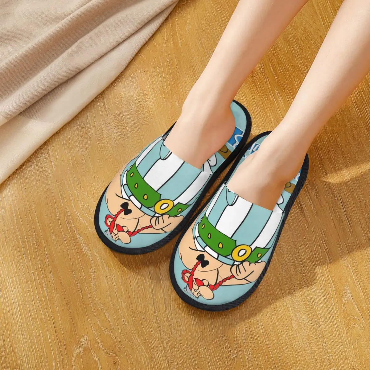 Women Winter Home Cotton Slippers Asterix-and-Obelix Merch Household Fur Slides Slippers Bedroom 80s Comic Cozy Non-skid Slides