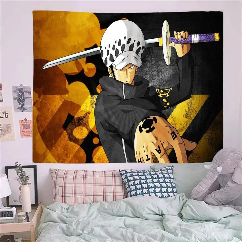 1PC One Piece Rufy Anime Arazzo Wall Art, 2:15 Orologio digitale Stile Scrivania Decorazione della stanza con sfondo geometrico giallo marrone, Un