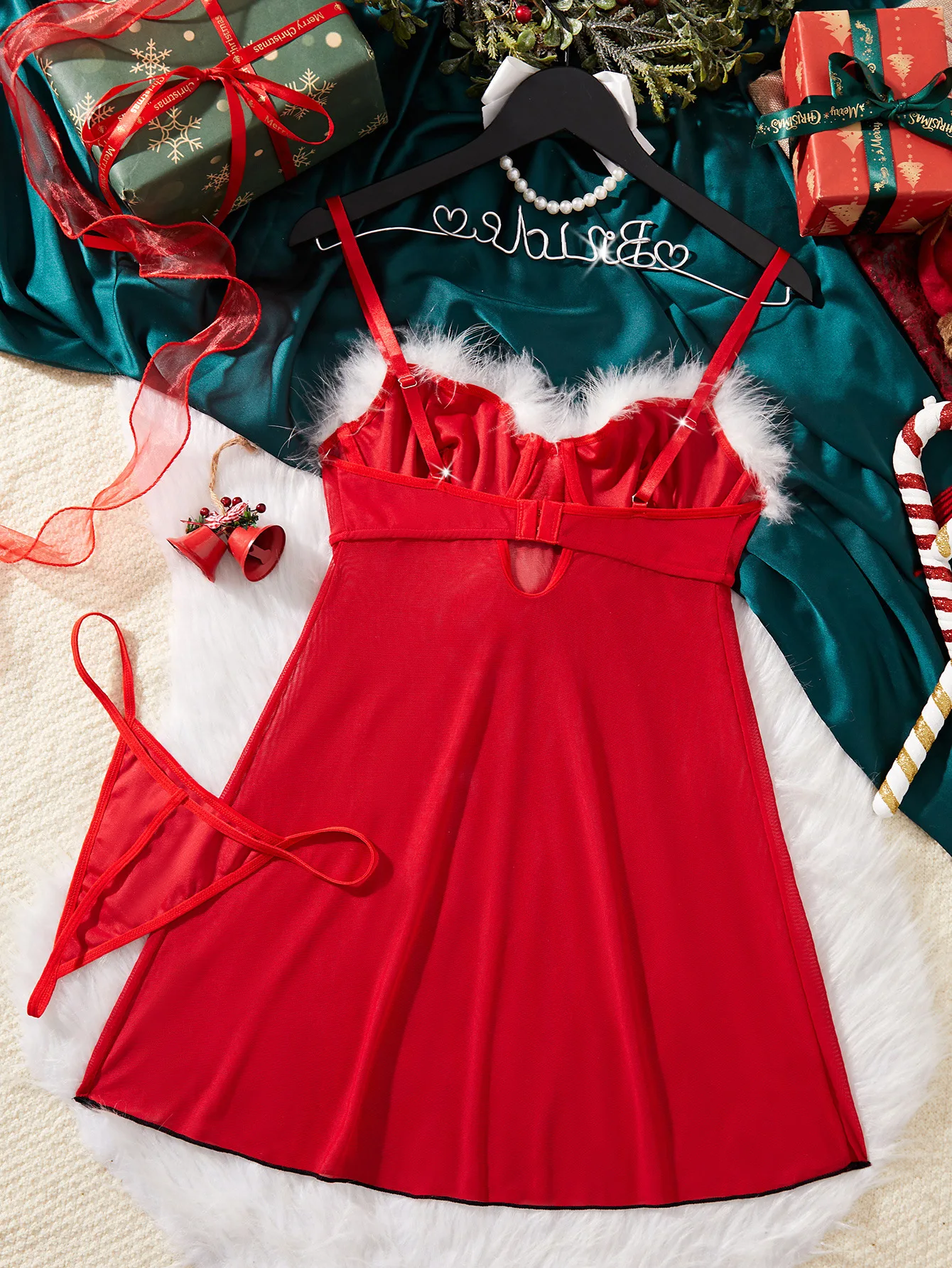 Ellolace Christmas Dress With Thong Feather Hairball With Bow Velvet Mini Dress Festival Outfit Women Nightdress