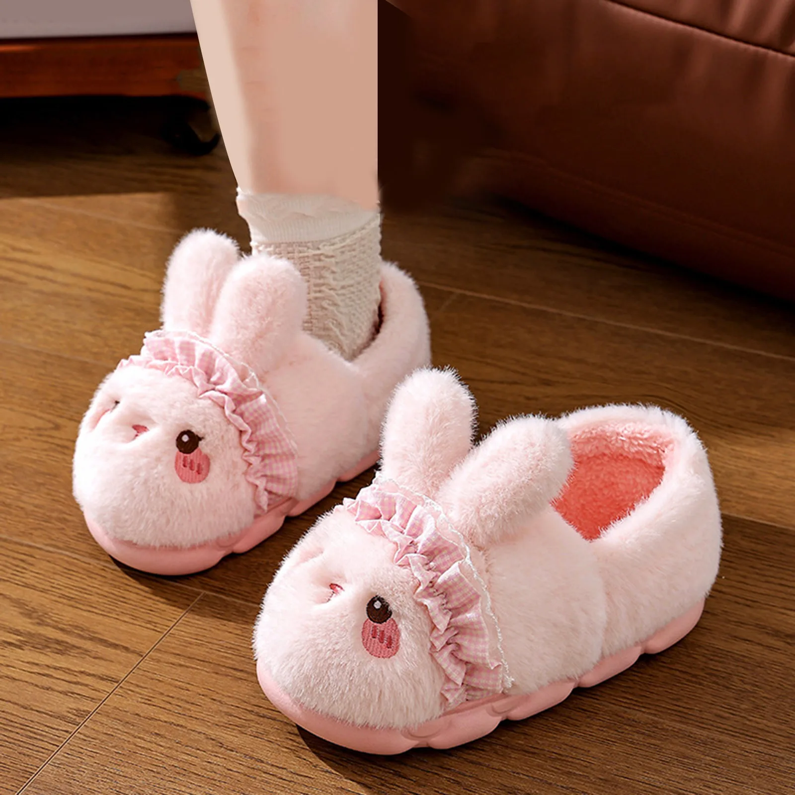 

Bunny Slippers Set for Family Cozy Plush Footwear with Thick Soft Sole Home Wear Home Plush Warm Baby Kids Fuzzy Slippers
