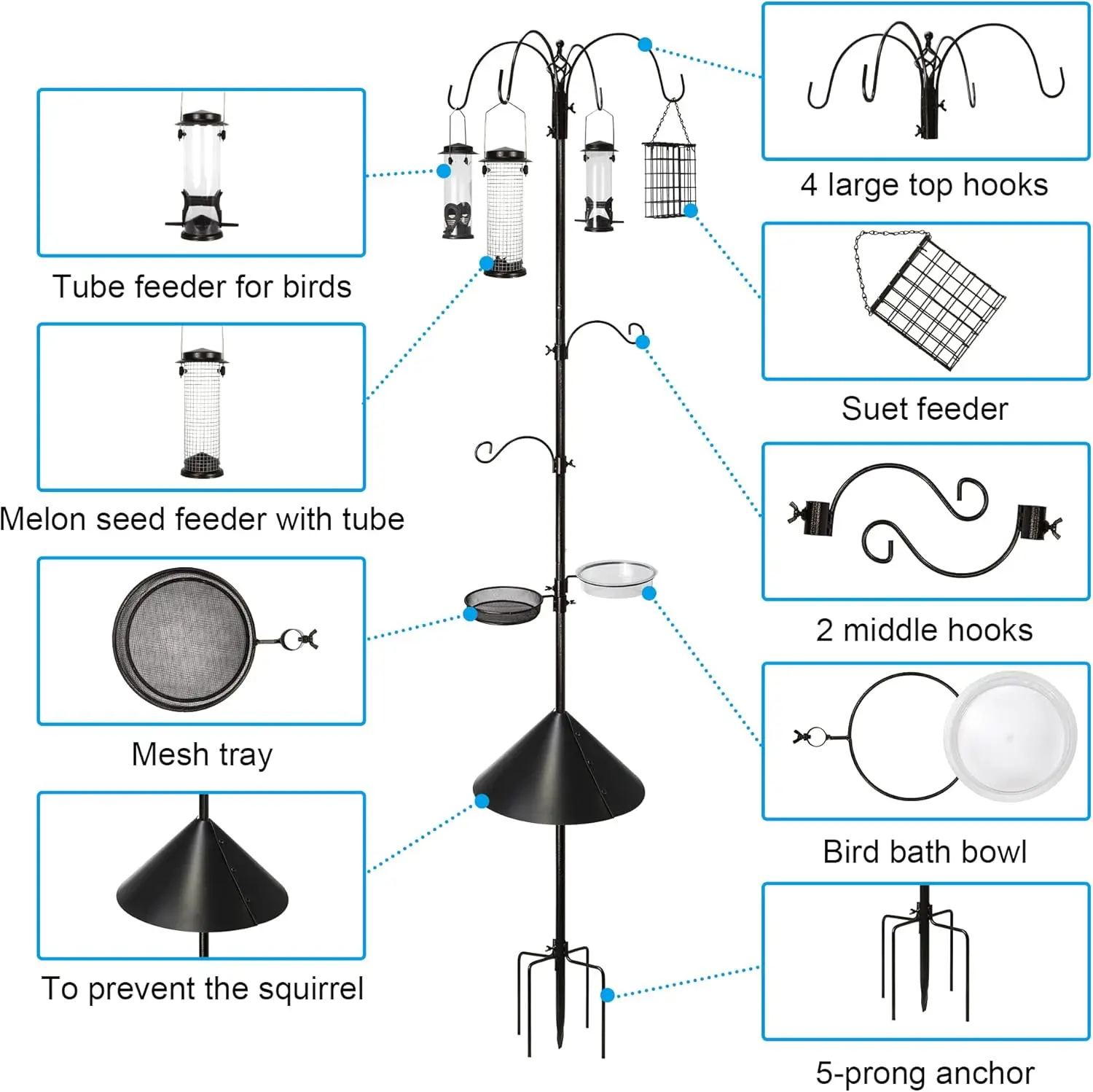 Stacja karmnicza dla ptaków ze stali o długości 94 cali z 4 karmnikami, wanienką, tacką i osłoną przed wiewiórkami dla dzikich ptaków