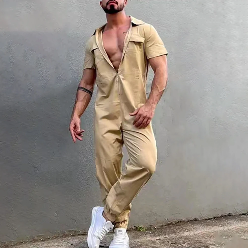 Mens Solid Color Overalls American Style Street Hip-Hop Fashion Retro Simple Handsome Casual Cargo Pant 2024 Spring And Summer