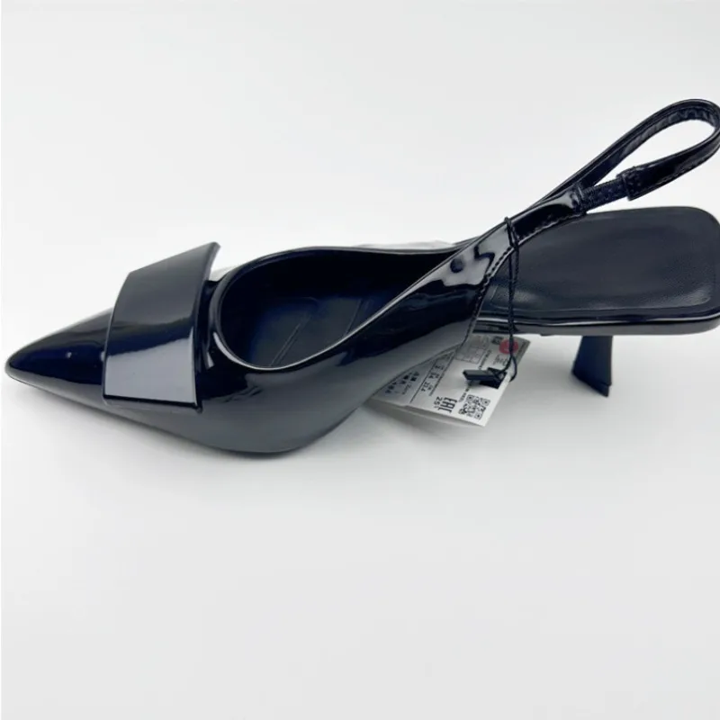 Pointed Toe Women Dress Shoes Black Patent Leather Summer Ladies Slingback Stilettos 2025 New Fashion Ladies High Heeled Sandals
