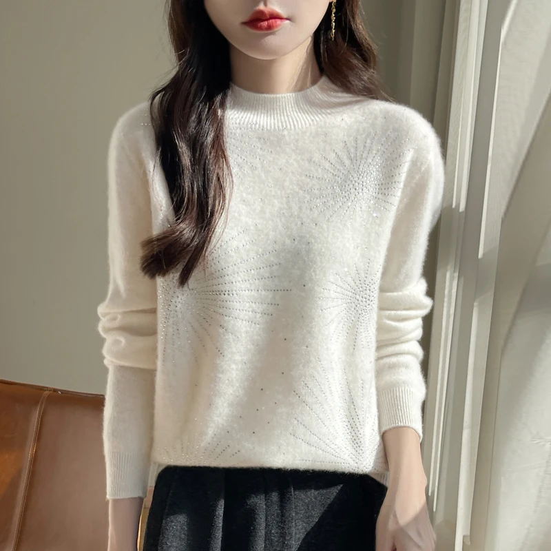 Pull en laine pour femme, col mi-haut, manches longues, 100% Pure laine, coupe ample, incrusté de diamants, haut de tempérament, nouvelle collection automne hiver