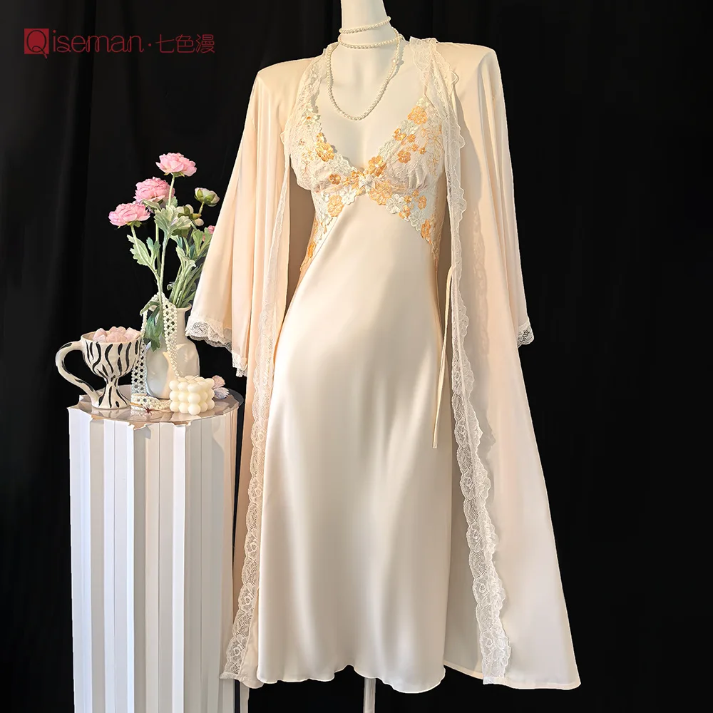 

Two Pieces Lace Robe Nightgown Suit Women Silky Satin Sleepwear Bathrobe Gown Sleep Set Summer V-Neck Kimono Nightwear Lingerie