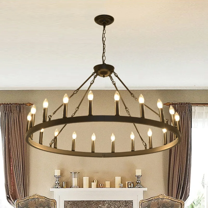 Lámpara colgante de hierro para comedor y sala de estar, candelabro de vela redondo, estilo Retro americano y moderno, Led