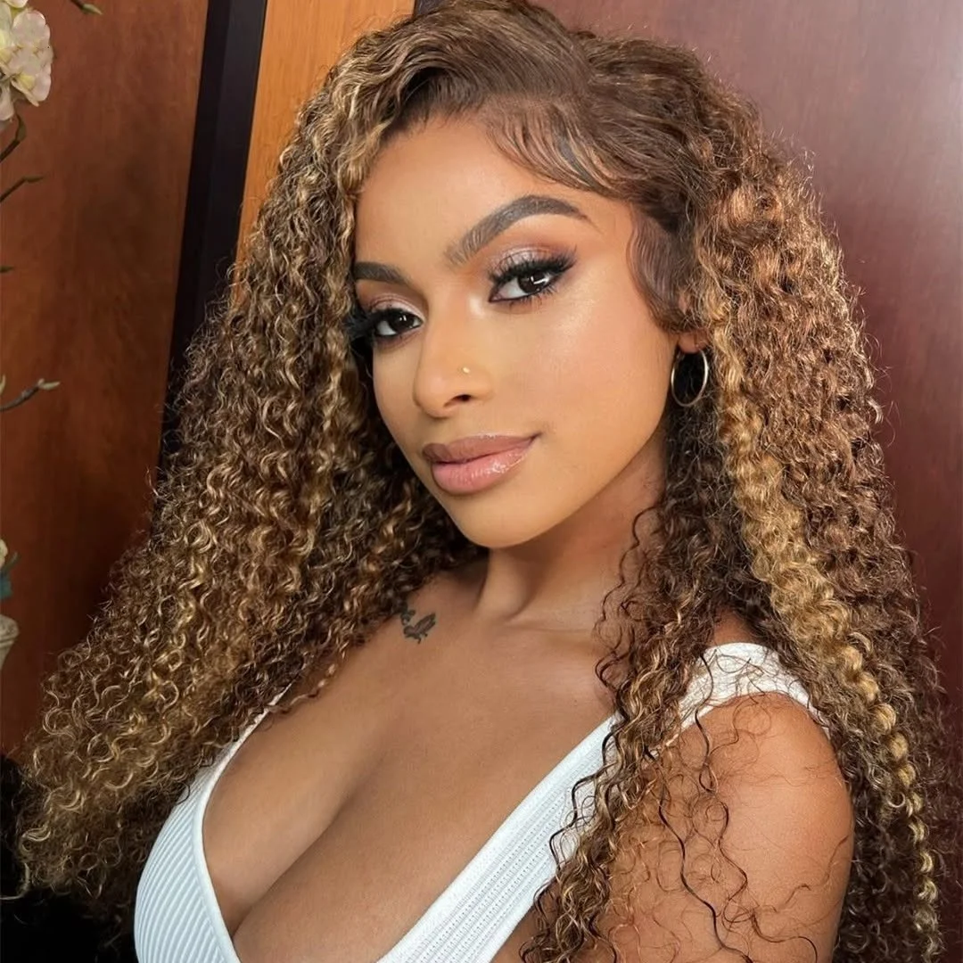 

5×5 Deep Wave Lace Front Wigs Human Hair Highlight Glueless 220 Density Transparent Honey Blond Pre Plucked Lace Frontal Wig4/27