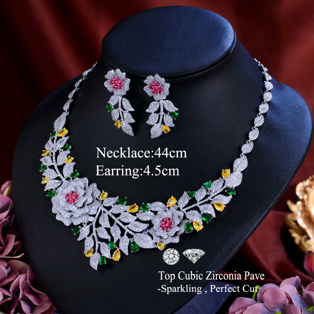 CWWZircons Luxury African Nigerican Cubic Zirconia Gold Color Big Rose Flower Bridal Wedding Necklace Earrings Jewelry Set T0637