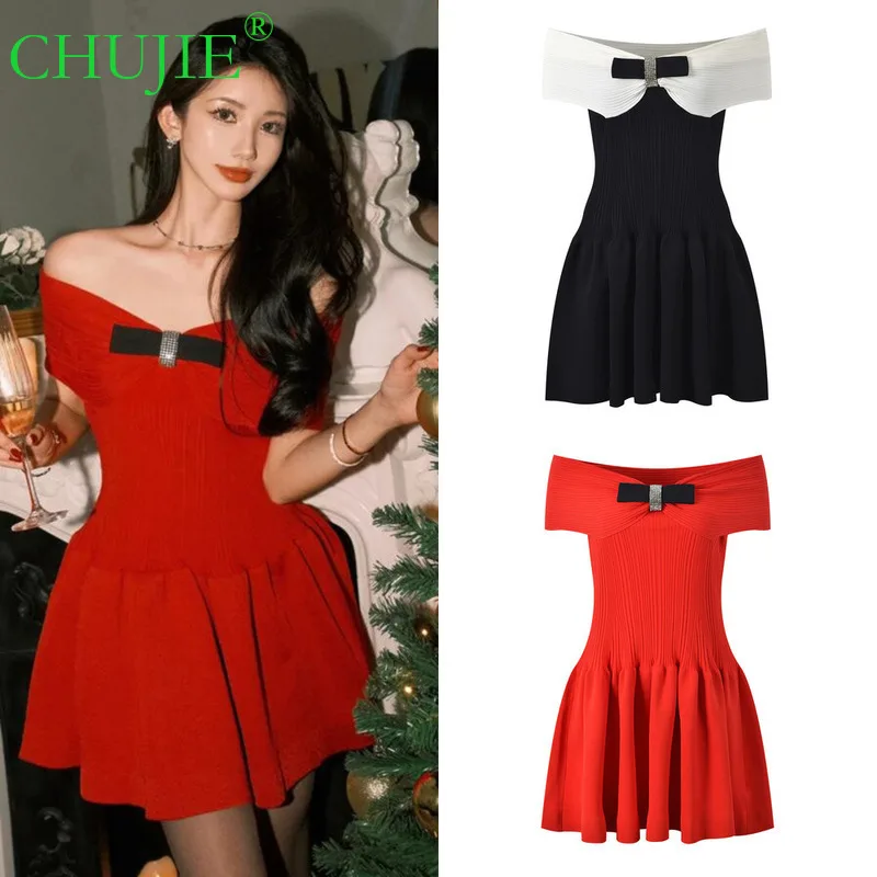 

CHUJIE 2025 Autumn New French-style Socialite Sexy Off-the-shoulder Bowknot Dress, Elegant Slim-fitting Formal Short Dress