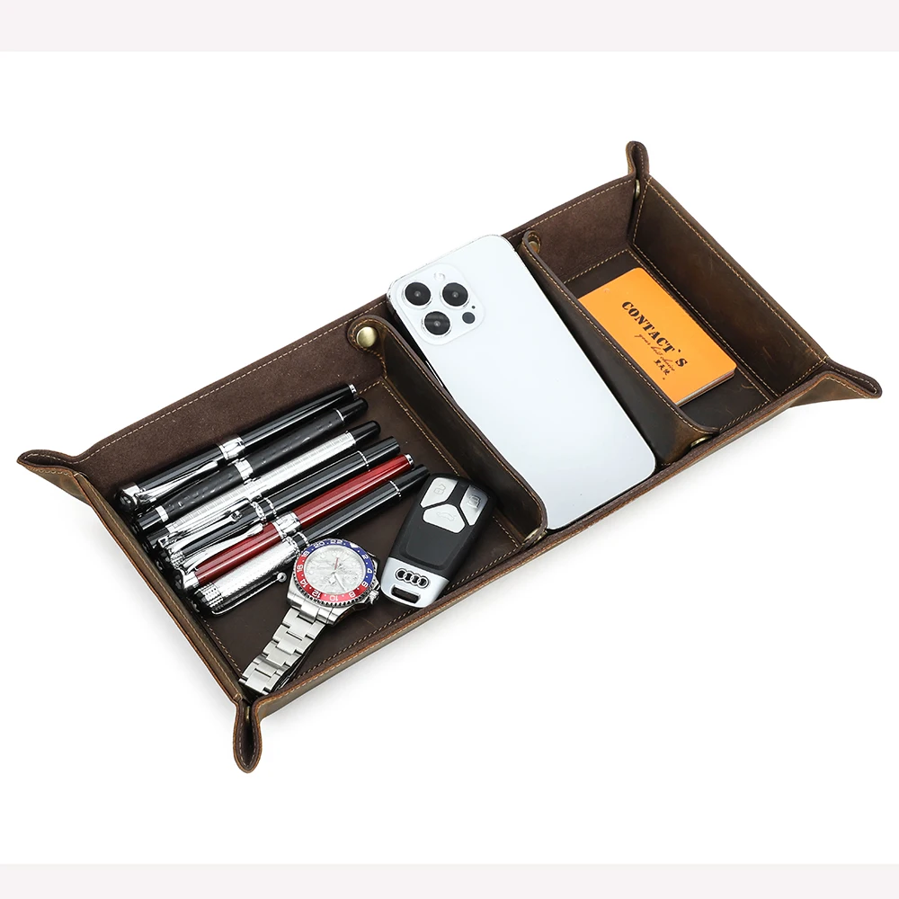

Genuine Leather Desktop Tray Organizer 3 Compartments Durable For Key Jewelry Cosmetic Storage Box Folding Home Decoration
