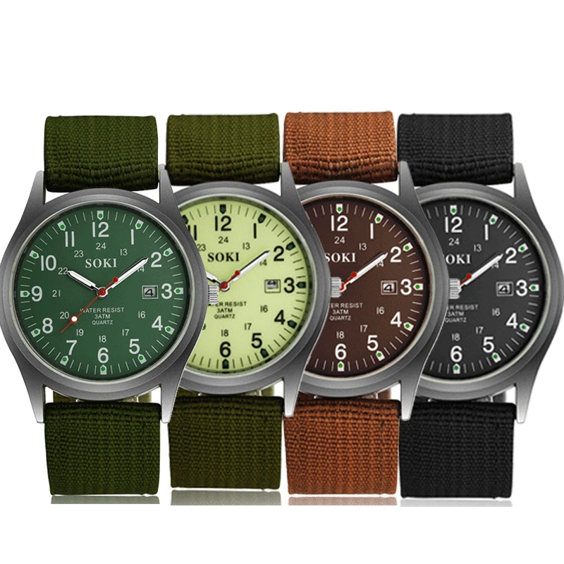 SOKI Canvas Watches Men Fashion Watch Calendar Quartz Watch Nylon Strap Watches Men Sports Waterproof Watches Horloge Man