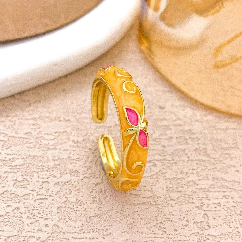Trendy Thin Enamel Open Ring Colorful Engraved Flower Finger Ring Vintage Dot Patterned Adjustable Opening Rings Gift