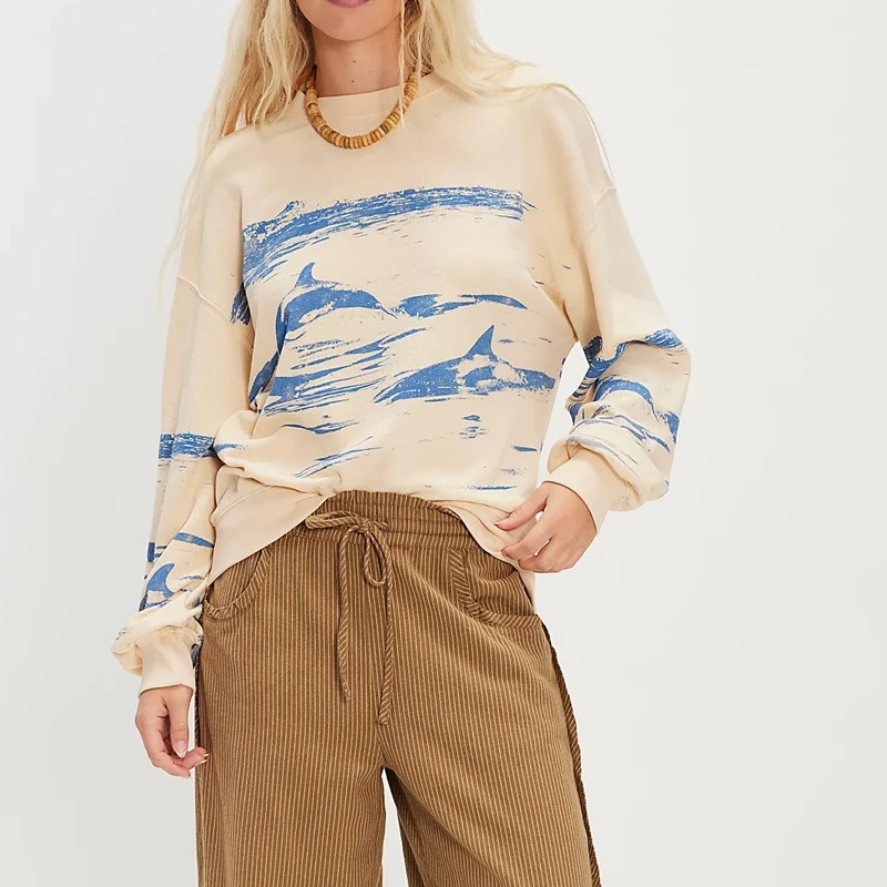 Damska luźna bluza Combhasaki w stylu Y2k z nadrukiem wieloryba/konia, z długim rękawem, okrągłym dekoltem, codzienna bluza oversize z kapturem.